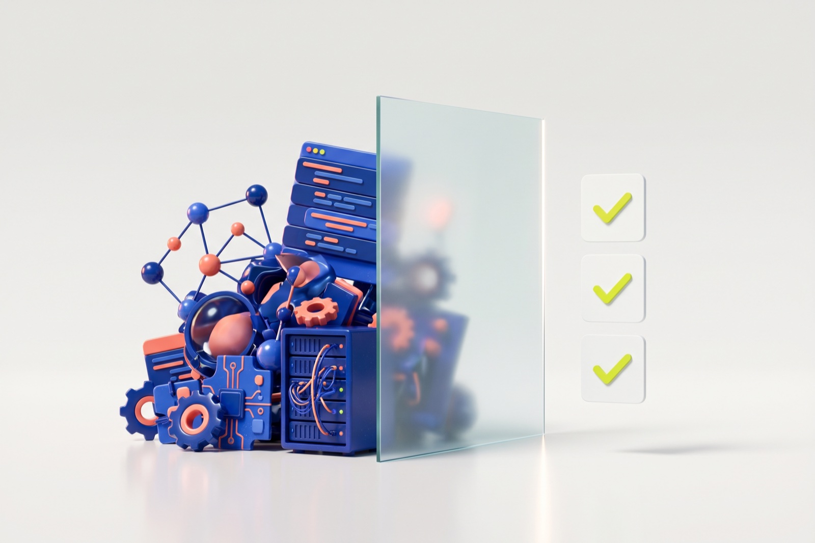 A 3D render: a dense pile of blue and coral software objects, code blocks, a node graph, a server rack and gears, sits behind a tall pane of frosted glass; on the other side, three clean white cards each carry a lime tick.