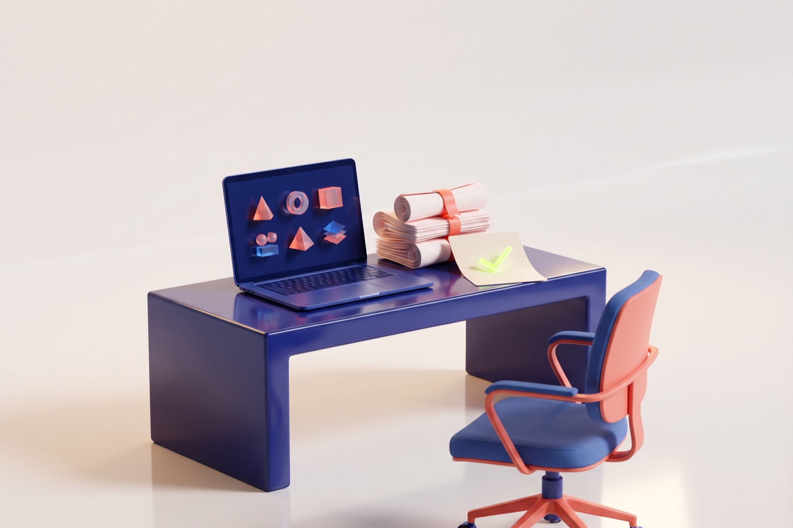 A 3D render of a single blue desk with an open laptop showing a grid of abstract avatar shapes, a stack of contracts tied with coral ribbon, an invoice with a lime tick, and an empty coral chair.