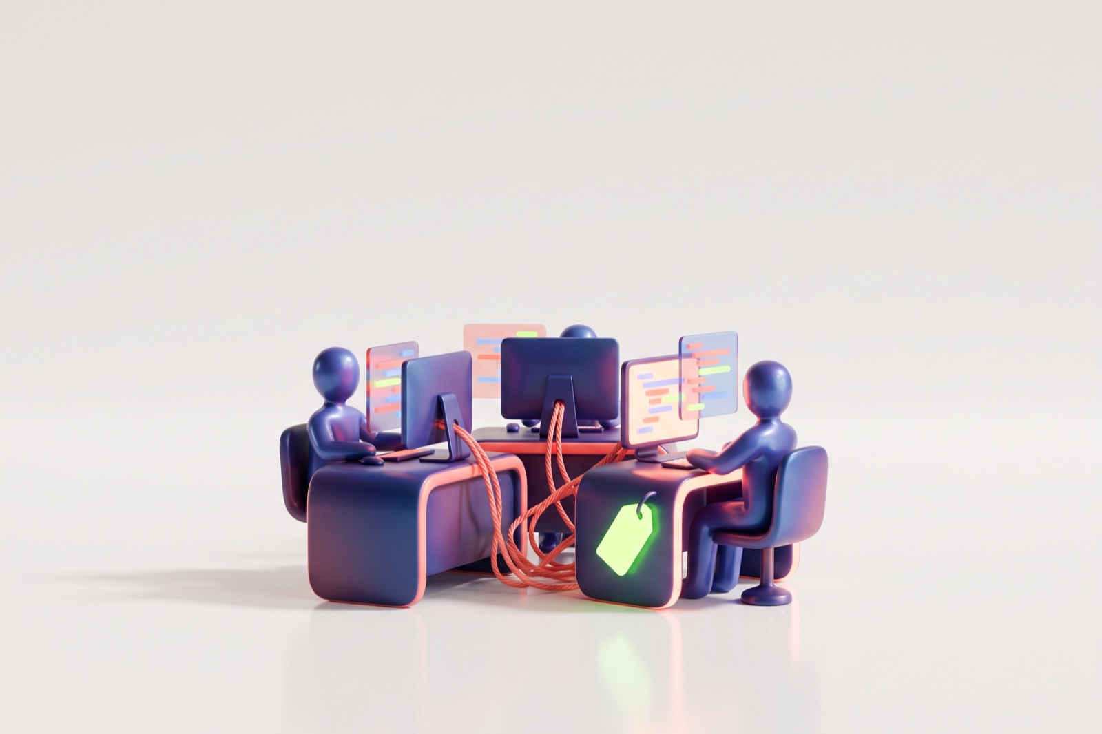 A 3D render of three stylised figures at a cluster of desks with monitors showing abstract code, coral cables between the desks, and one desk marked with a glowing lime tag.